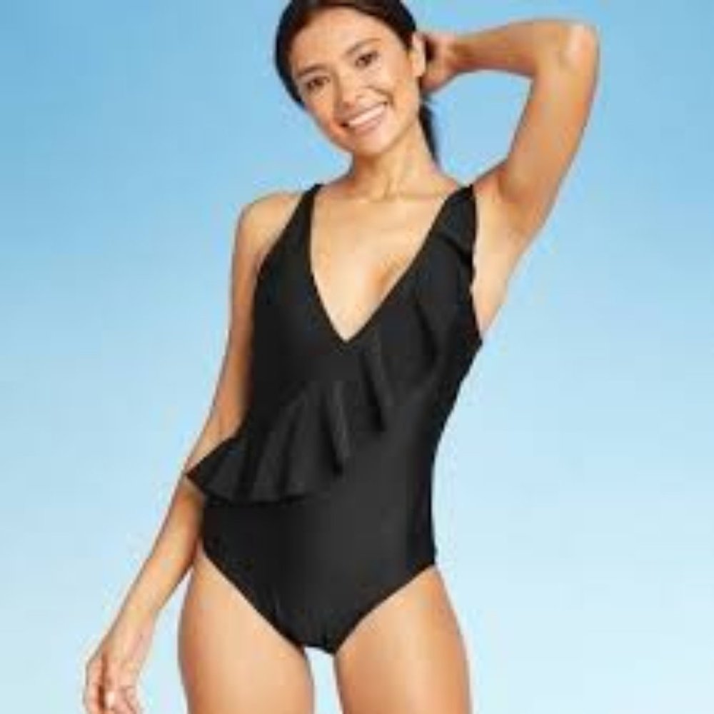 Kona Sol™ Black Asymmetrical Ruffle Swimsuit NWT
